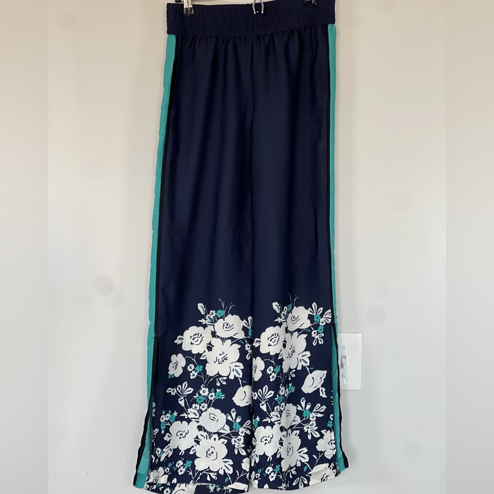 Aerie Split Wide leg Palazzo Pants‎ Size XS Navy White Floral Elastic Wasteband